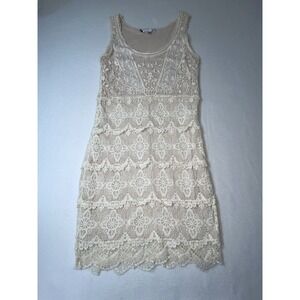 Jennifer Lopez Women Ivory Cotton Crochet Tiered Sleeveless A-Line Dress Size M